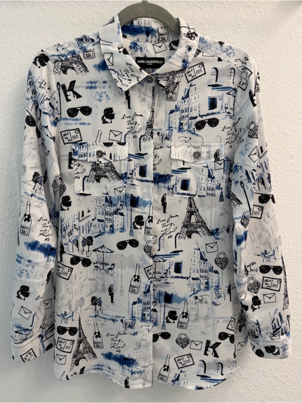 Karl Lagerfeld White Shirt with Blue & Black Paris Print